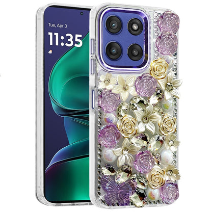 Phone Case for Moto G Stylus 5G 2026/2025 Luxury Rose Bling Rhinestone Glitter Floral Hybrid Shockproof Stylish Protective Designer Ornament Sparkle Cover Purple