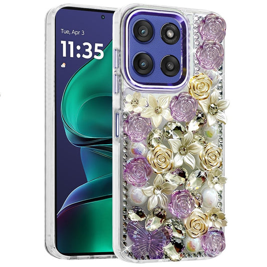 Phone Case for Moto G Stylus 5G 2026/2025 Luxury Rose Bling Rhinestone Glitter Floral Hybrid Shockproof Stylish Protective Designer Ornament Sparkle Cover Purple