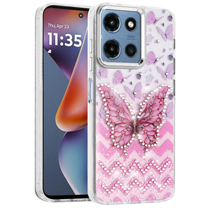 Phone Case for Motorola Moto G Play 5G 2026 Butterfly Resin Epoxy Diamond Bling Metal Edge Shockproof Hybrid Luxury Protective Durable Stylish Fashion Grip Cover