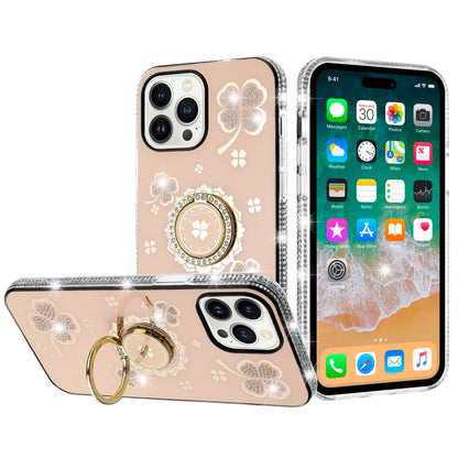 Phone Case for Apple iPhone 15 Glitter Diamond Ring Stand Sparkle Rhinestone Edge AntiSlip Kickstand Luxury Fashion Bumper Shockproof Cover Gold