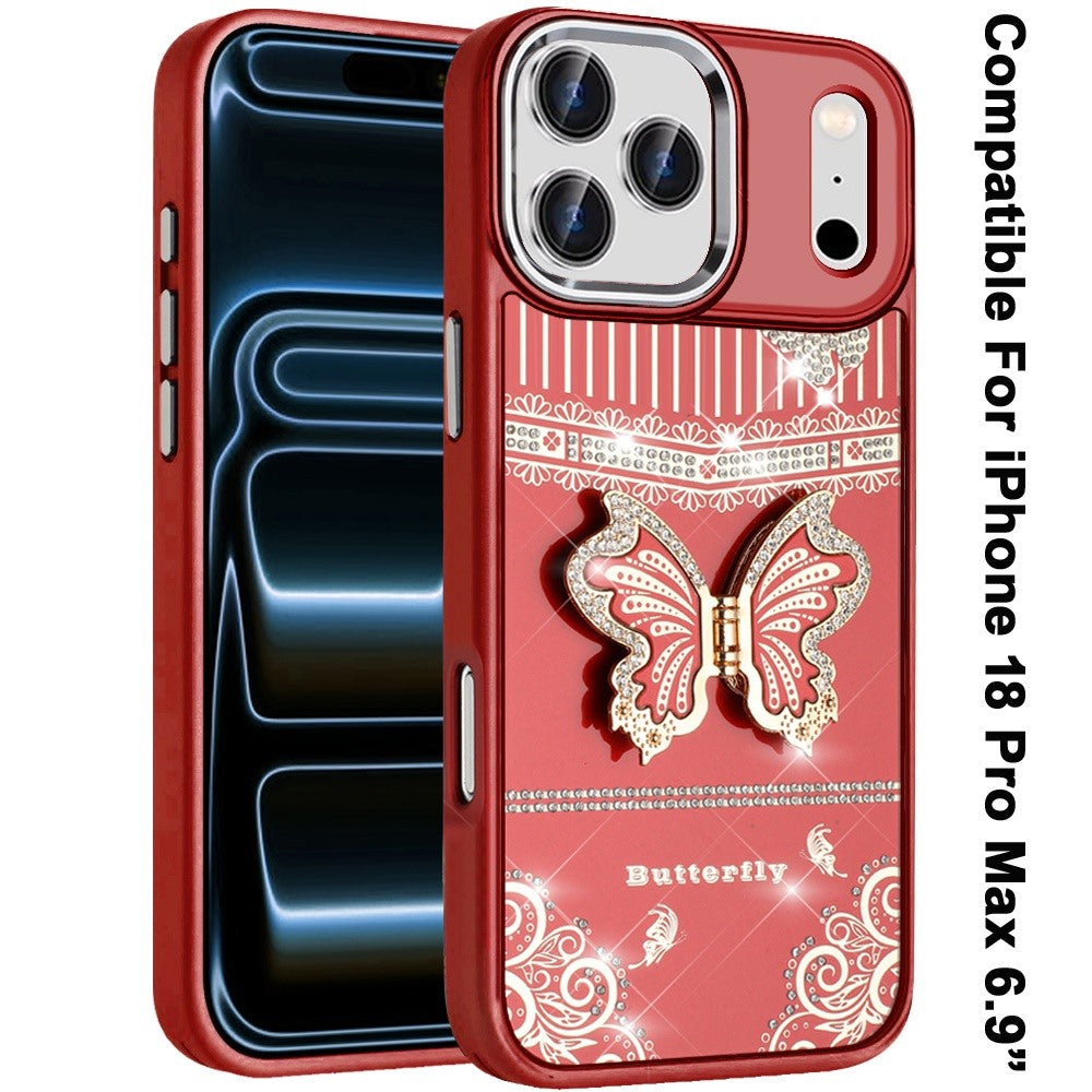 Phone Case for Apple iPhone 18 Pro Max Glitter Bling Butterfly Stand Metallic Edge Hybrid Shockproof Grip Durable Camera Protection Stylish Design Cover