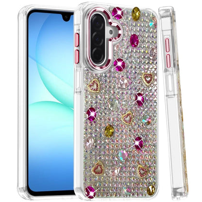 Phone Case for Galaxy A17 5G Chrome Fashion Hybrid Bling Diamond Heart Rhinestone Decorative Stones Sparkling Embellished Design Cover Pink