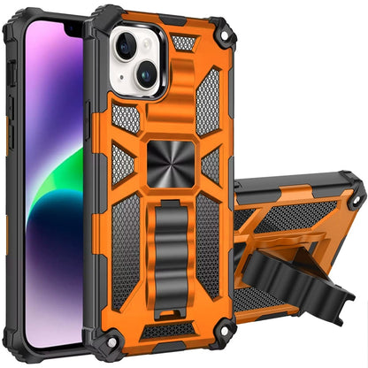 For iPhone 15 Plus (6.7") Hybrid Shockproof [Military Grade] Rugged Protective with Magnetic Car Mount & Invisible Stand Case Cover Cosmic Orange