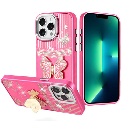 Phone Case for Apple iPhone 13 Pro Max Glitter Bling Butterfly Stand Metallic Edge Hybrid Shockproof Grip Durable Camera Protection Stylish Design Cover Hotpink