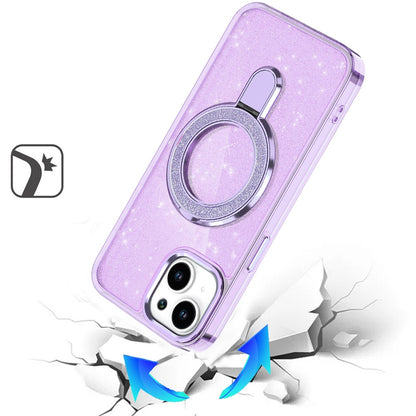 Phone Case for Apple iPhone 15 Transparent Glitter Bling Magnetic Ring Stand Shockproof Anti Slip Rotating Grip Protective Hybrid Durable Armor Cover Purple
