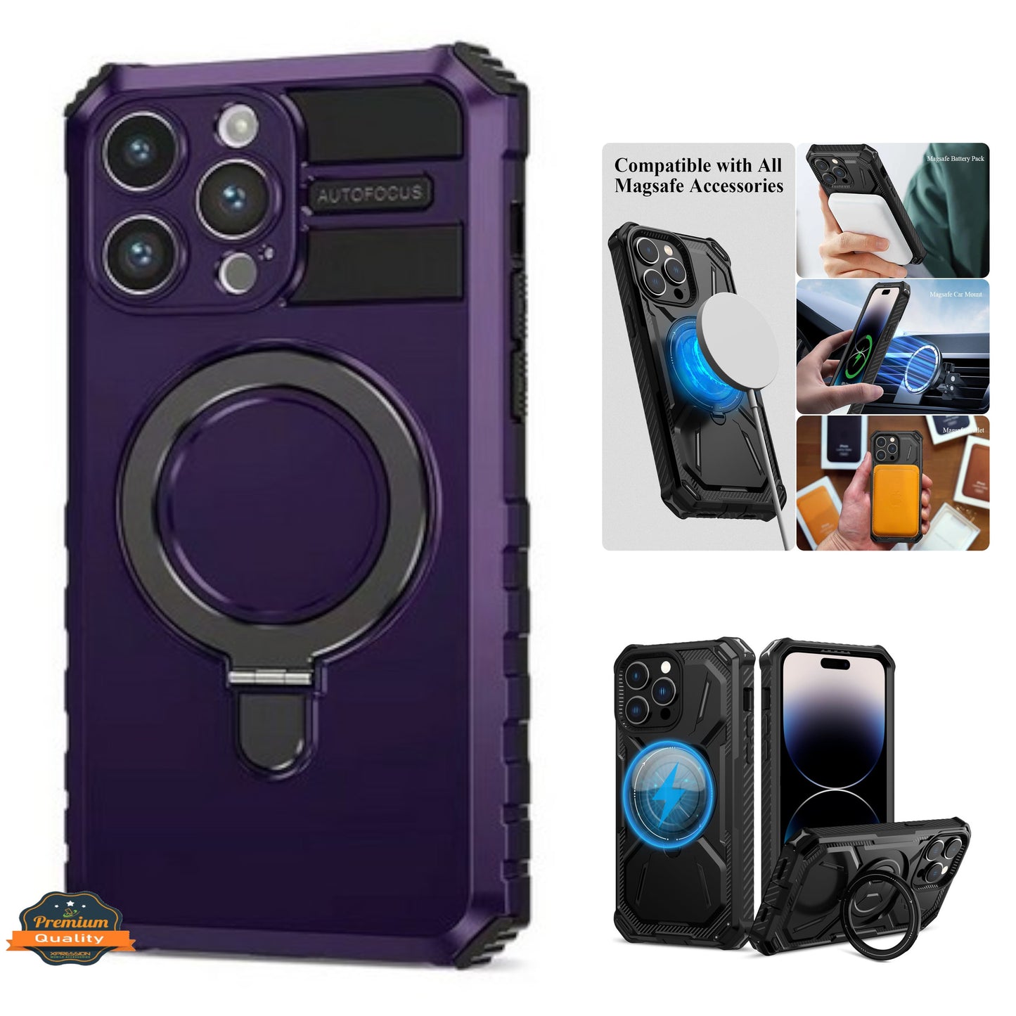 For Apple iPhone 15 Pro (6.1") Hybrid Bumper Invisible Stand Compatible with Magsafe 360° Ring Kickstand Shockproof  Phone Case Cover