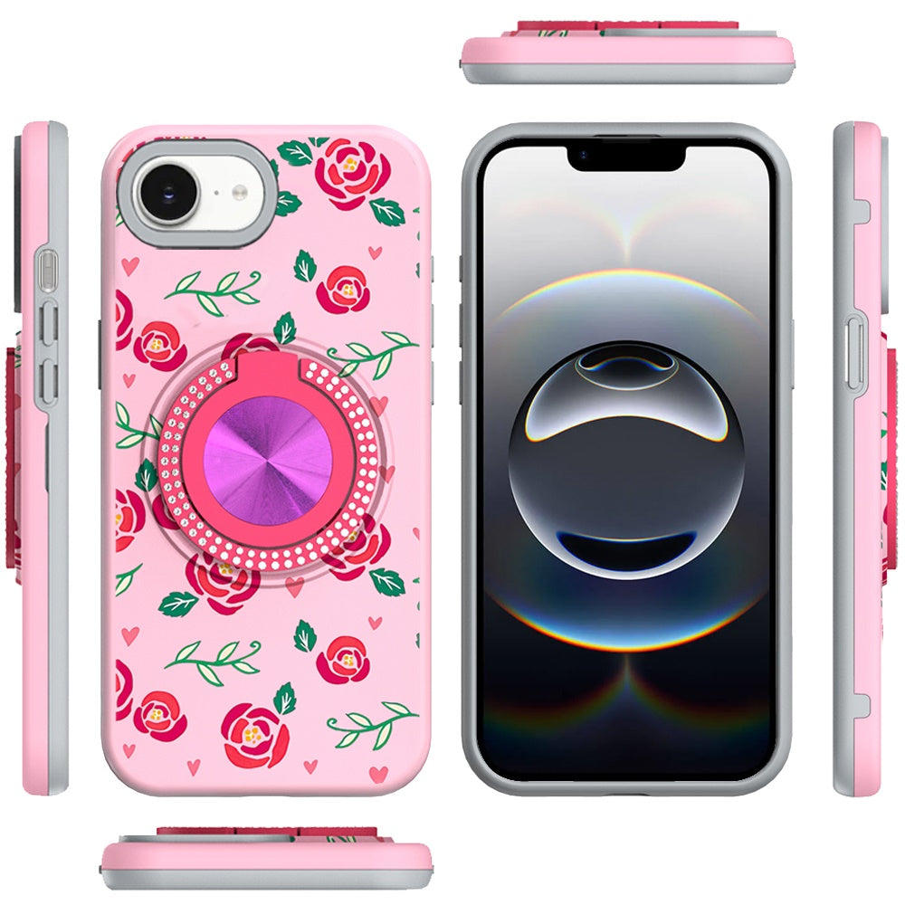 For Apple iPhone 16e Pattern Design Hybrid with Invisible Ring Stand & Magnetic Back, Shockproof Protective Grip Case Cover Red Roses
