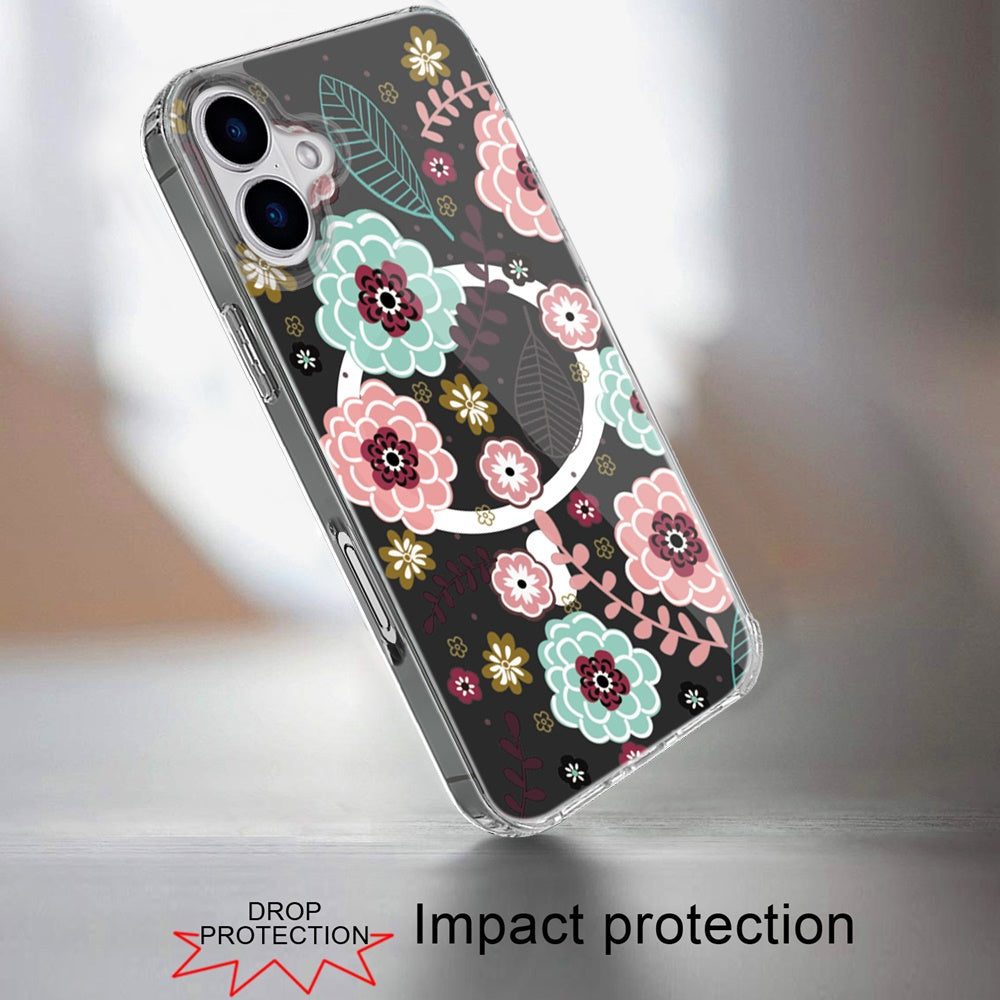For iPhone 16 (6.1") Hybrid Flower Design Stylish Fashion Case, MagSafe Compatible, Thick Shockproof Hard PC Case Cover Colorful Flower