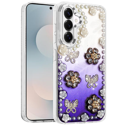 For Samsung Galaxy S26 Bling Fashion Design with 3D Pearls Epoxy Glitter Ornaments Chrome Edge Hard Slim PC Case Cover