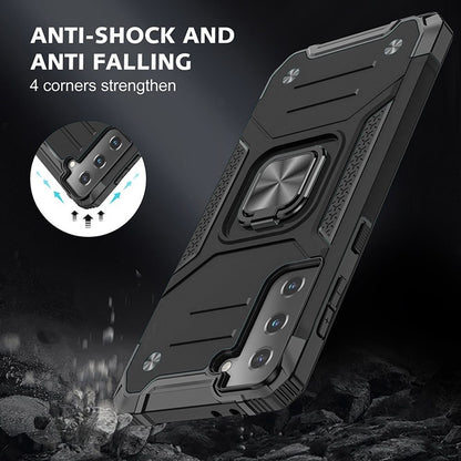 For Samsung Galaxy S21 FE /Fan Edition Armor Hybrid Magnetic Stand with Ring Holder Kickstand Shockproof Heavy-Duty Durable Rugged TPU Dual Layer Case Cover Black