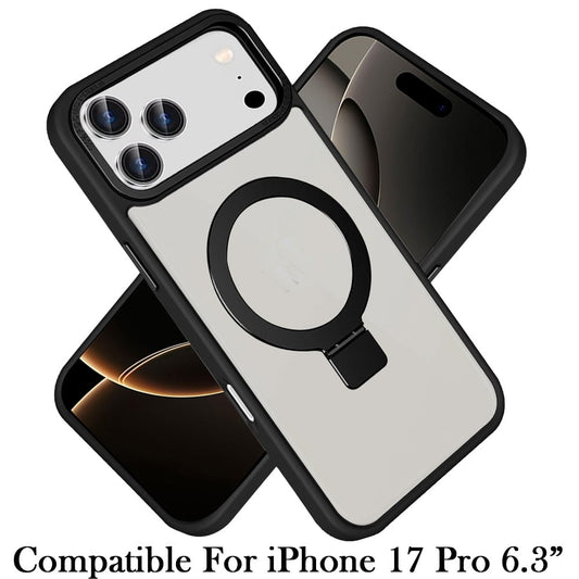 For Apple iPhone 17 Pro (6.3") Magnetic Metal Matte with Built-in MagSafe Stand, Hybrid Shockproof Armor, TPU Frame Case Cover Black