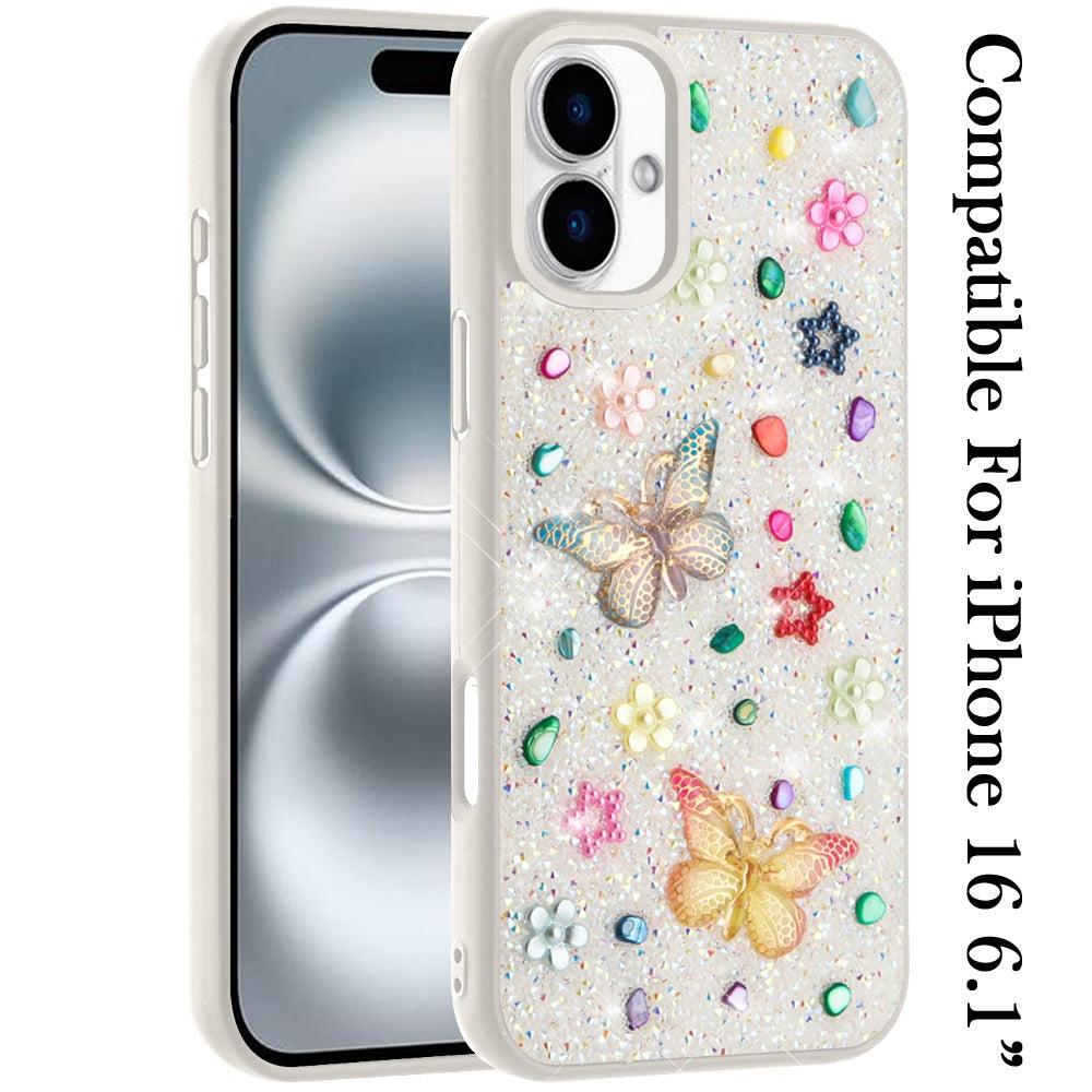 For iPhone 16 (6.1") Diamond Butterfly 3D Glitter Bling Design, Slim Hybrid Sparkle Protective Cover TPU for Women Girls Case Cover Teal