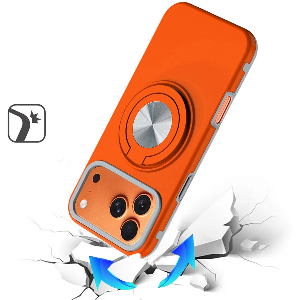 For Apple iPhone 17 Pro Max Metal Matte Hybrid with Invisible Rotational Ring Stand, Car Mount Friendly, Military Grade Slim Fit Sturdy Case Cover Cosmic Orange