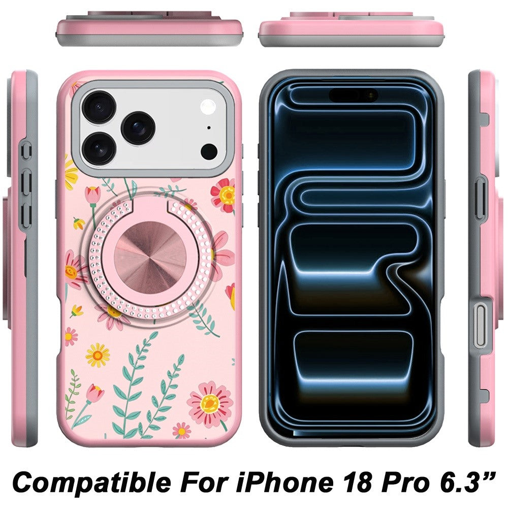 Phone Case for Apple iPhone 18 Pro Magnetic Ring Stand Matte Metal Hybrid Car Mount Friendly Shockproof Rotational Grip Diamond Design Pattern Cover
