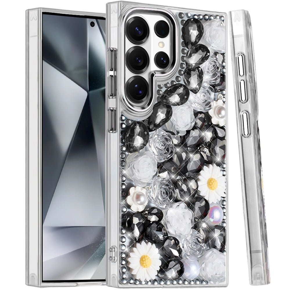Phone Case for Samsung Galaxy S24 Ultra Full Bling Rhinestone Glitter Floral Luxury Hybrid Shockproof Stylish Sparkling Protective Designer Ornament Cover