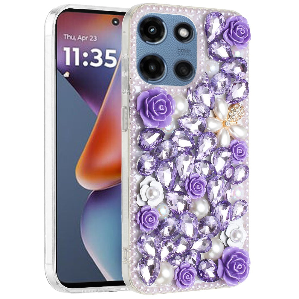 Phone Case for Motorola Moto G Play 5G 2026 Rose Flower Full Diamond Bling Rhinestone Glitter Luxury Stylish Sparkle Protective Designer Hybrid Cover Purple