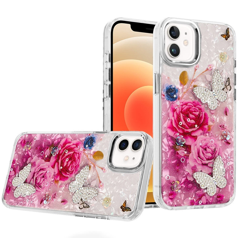 For Apple iPhone 16 (6.1") Epoxy Glitter Flowers Bling 3D Butterfly Fashion TPU Hybrid with Shockproof Protection Case Cover
