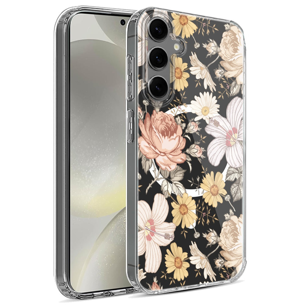 For Samsung Galaxy S25 Ultra Hybrid Flower Design Stylish Fashion Case, MagSafe Compatible, Thick Shockproof Hard PC Case Cover