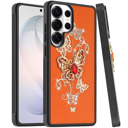 For Samsung Galaxy S26 Ultra Diamonds 3D Butterfly Bling Sparkly Glitter Ornaments Engraving Hybrid Metal Fashion Case Cover Garden Butterflies Cosmic Orang