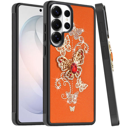 For Samsung Galaxy S26 Ultra Diamonds 3D Butterfly Bling Sparkly Glitter Ornaments Engraving Hybrid Metal Fashion Case Cover Garden Butterflies Cosmic Orang