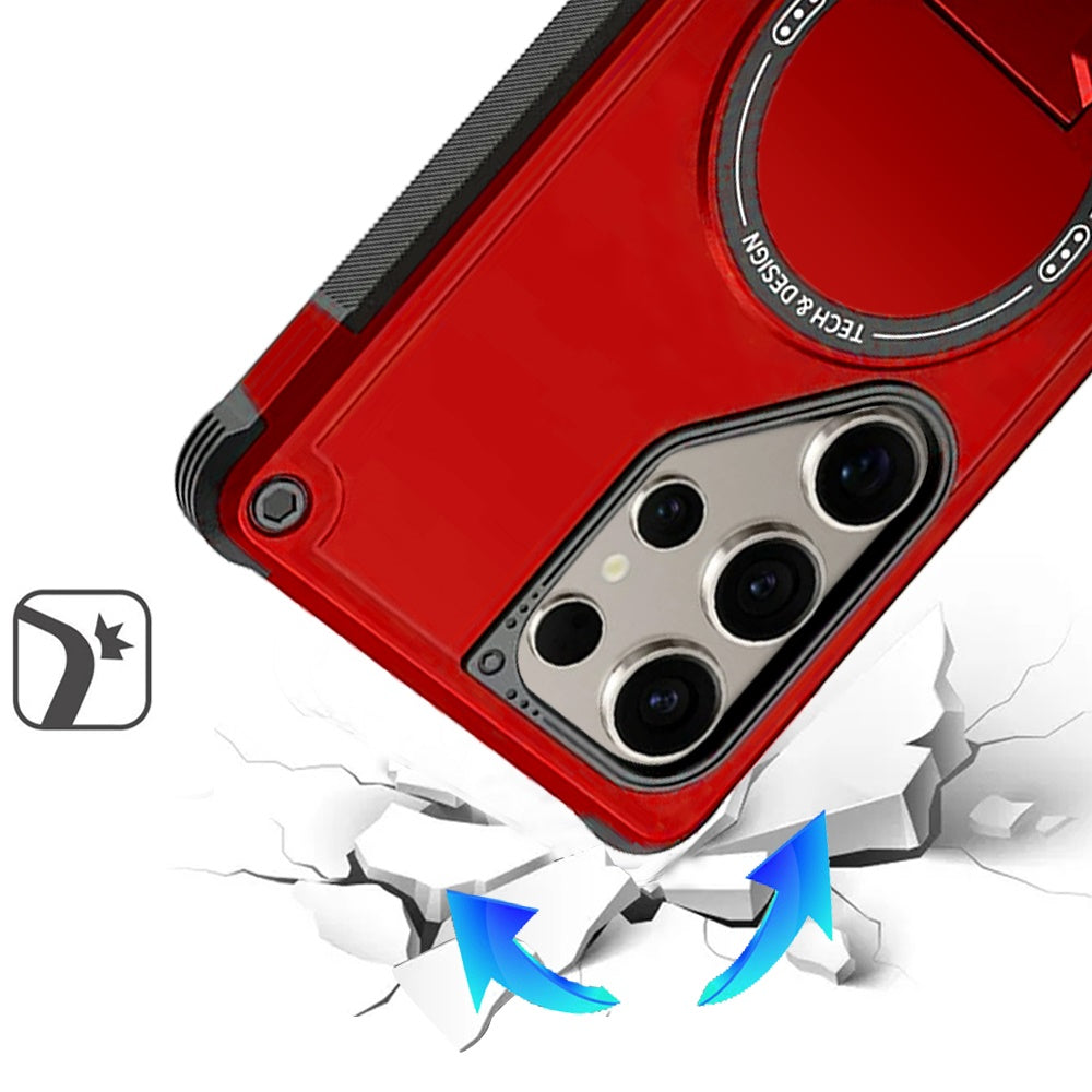 Phone Case for Galaxy S25 Ultra Magnetic Kickstand Rugged Shockproof Armor Grip Anti Slip Heavy Duty Protective Matte Stand Hybrid Cover Red