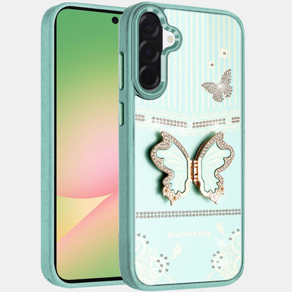 For Samsung Galaxy A57 Glitter 3D Butterfly Design Bling Metallic Edge Hybrid Stand Drop Protection TPU Shockproof Case Cover