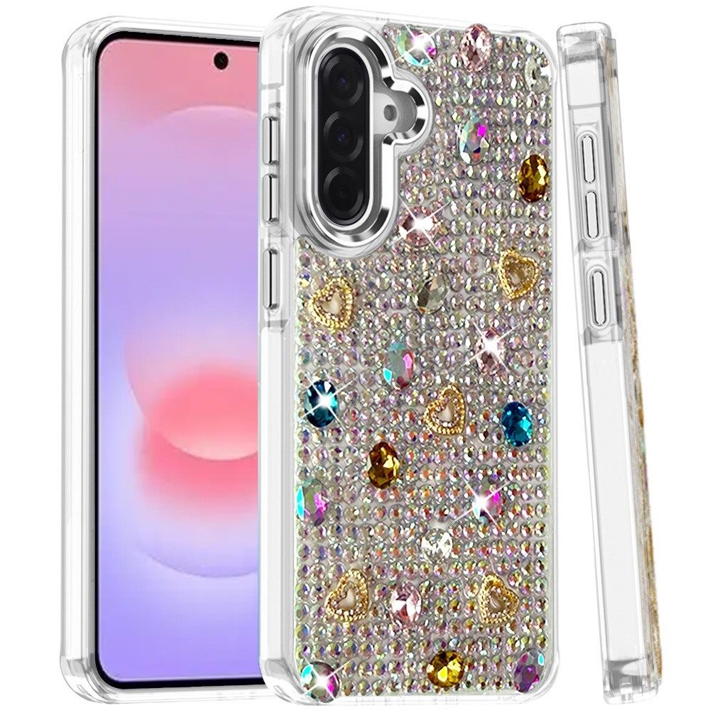 Phone Case for Samsung Galaxy A37 Chrome Fashion Hybrid Bling Diamond Heart Rhinestone Decorative Stones Sparkling Embellished Design Cover