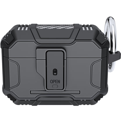 For Airpods Pro 3 (2025) Heavy Duty Hybrid Shockproof Case Hard PC Rubber TPU Cover with Open Button & Metal Hook Case Cover Black
