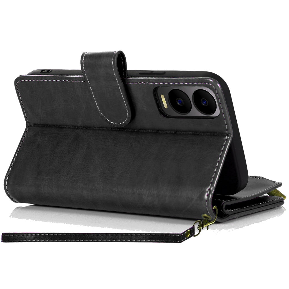 For T-Mobile Revvl 7 5G Leather Wallet Case with Zipper, 9 Card Slots, Cash Pocket, Stand & Strap, Clutch Pouch Design Case Cover Black