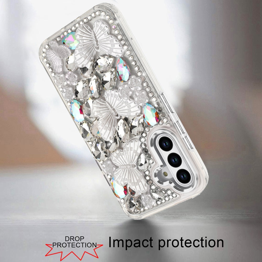 For Samsung Galaxy S26 Ultra 3D Diamond Floral Butterfly Bling Stone Hybrid, Sparkly Rhinestone Gemstone Back Shockproof Case Cover