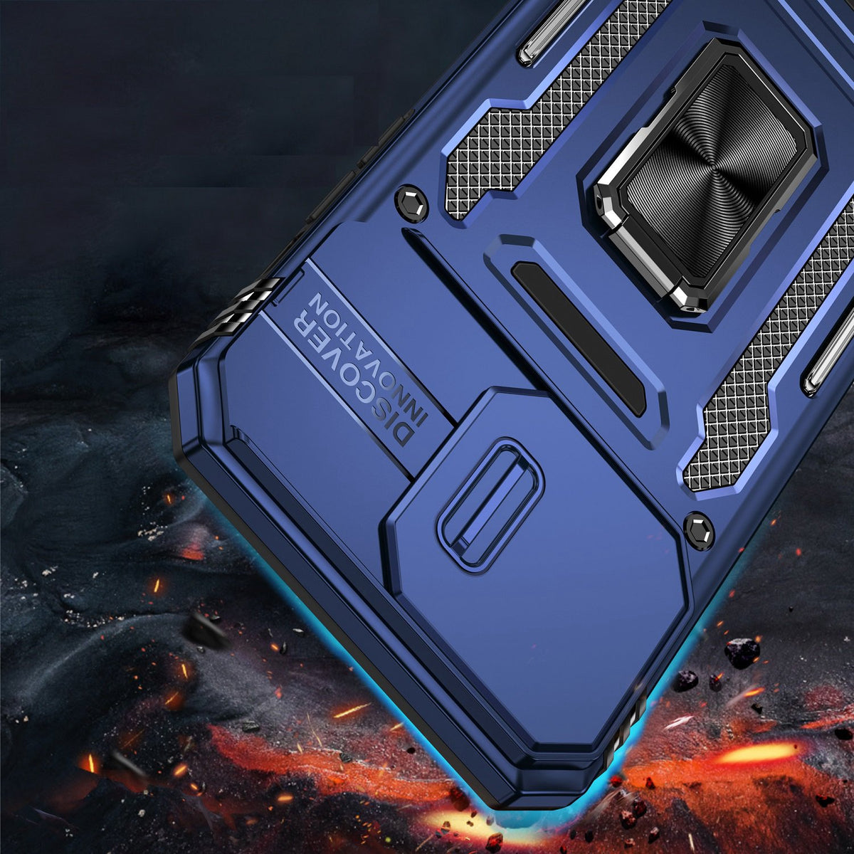 Phone Case for iPhone 15 Tough Metal Ring Shockproof Sliding Camera Window Hybrid Armor Rugged Anti Slip Heavy Duty Grip Cover Blue