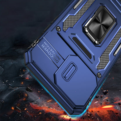 Phone Case for iPhone 15 Tough Metal Ring Shockproof Sliding Camera Window Hybrid Armor Rugged Anti Slip Heavy Duty Grip Cover Blue