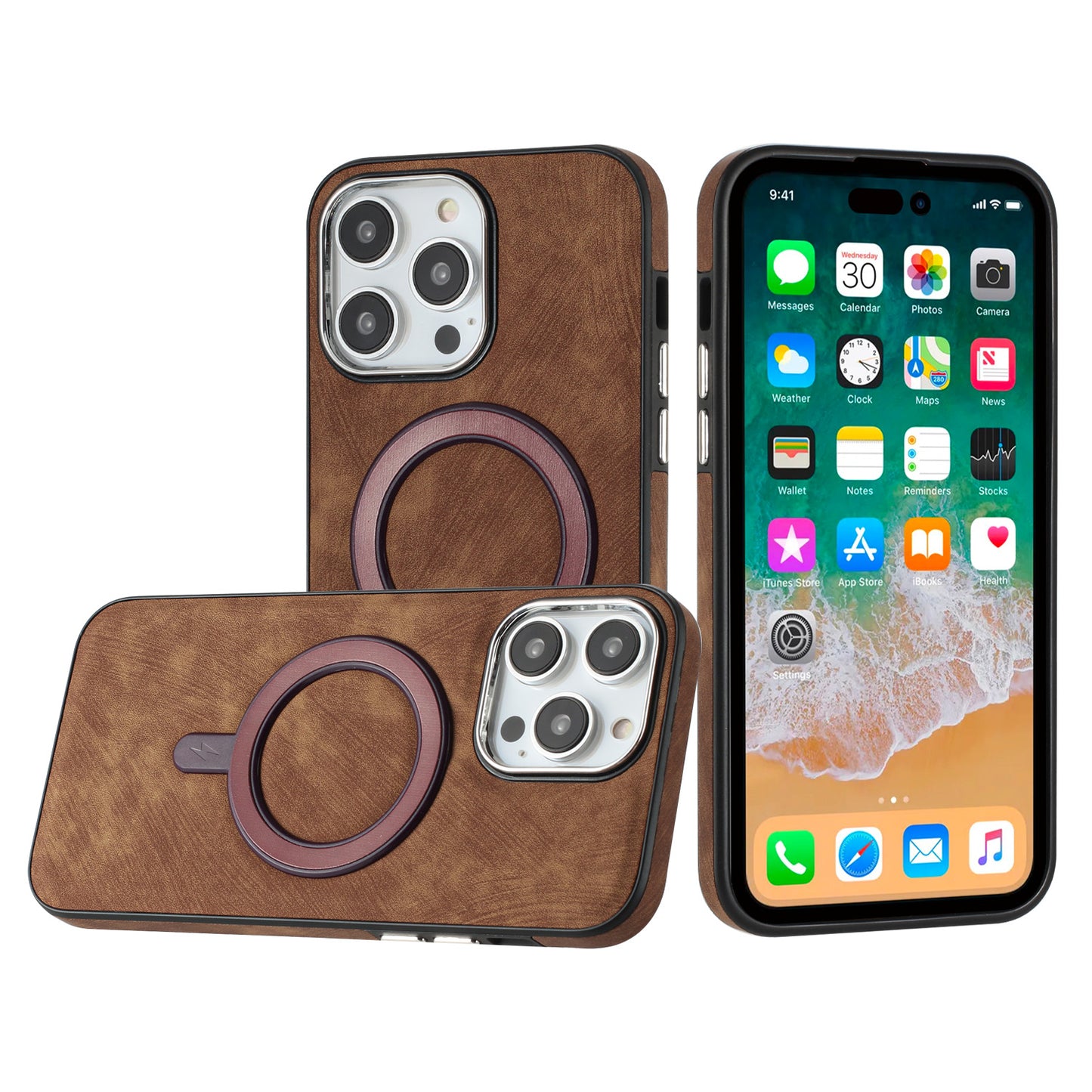 For Apple iPhone 16 (6.1") PU Vegan Leather Chrome Edged Hybrid Hard PC TPU Rubber Compatible with MagSafe Case Cover