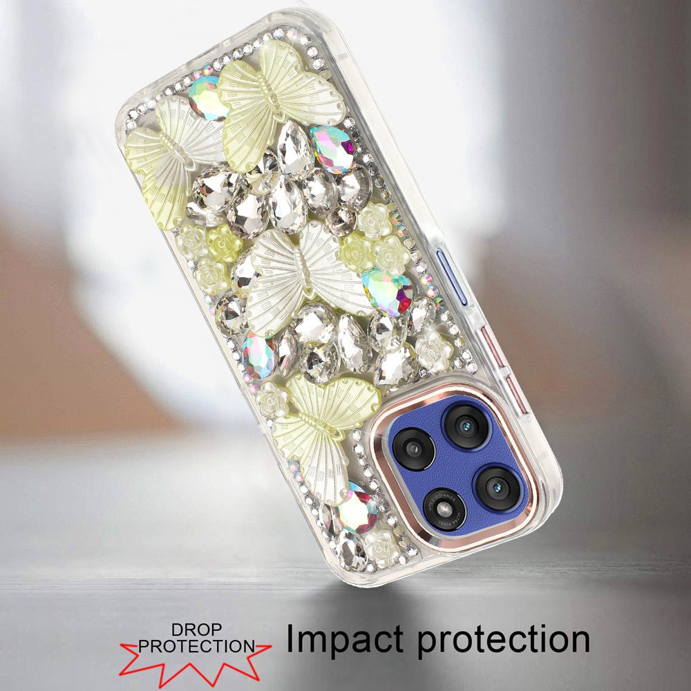 For Motorola Moto G Power 5G 2025 3D Diamond Floral Butterfly Bling Stone Hybrid, Sparkly Rhinestone Gemstone Back Shockproof Case Cover