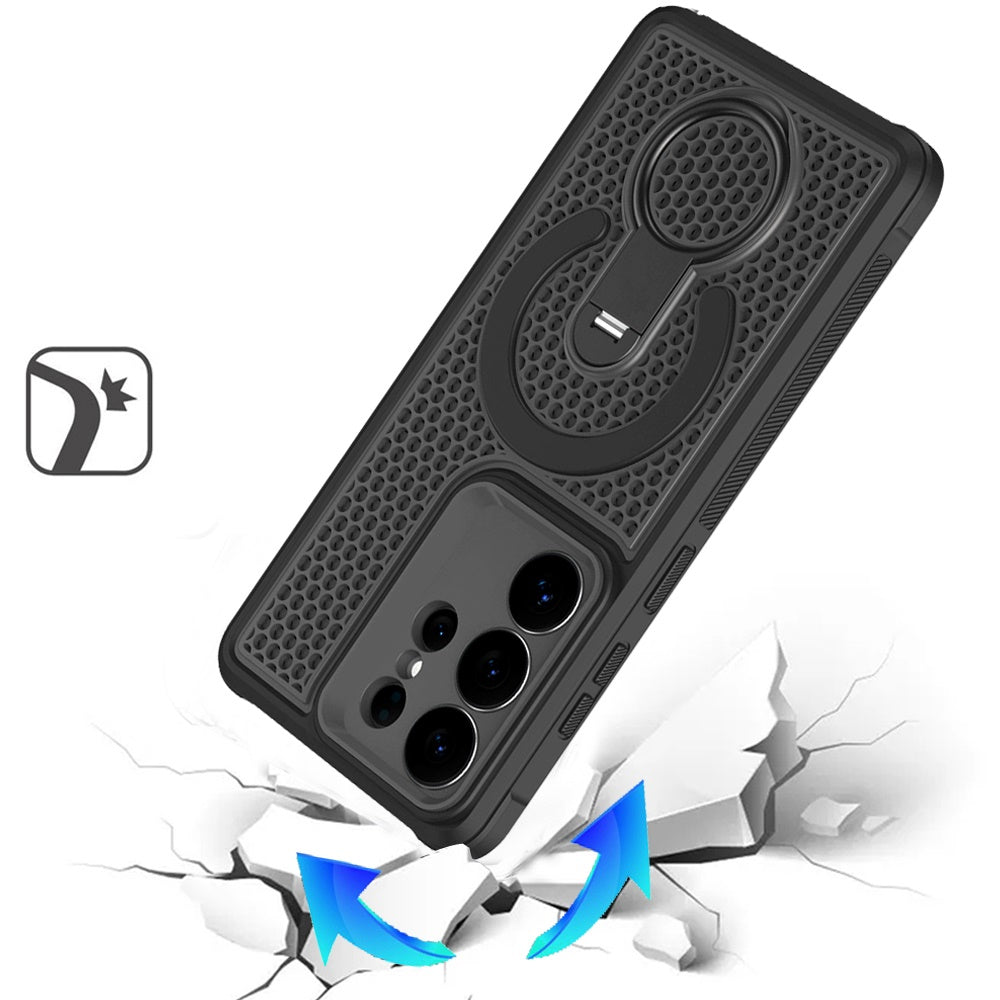 Phone Case for Galaxy S25 Ultra Magnetic Honeycomb Hybrid Rugged Armor Ring Kickstand Dual Layer Shock Absorbing Hard PC Soft TPU Cover