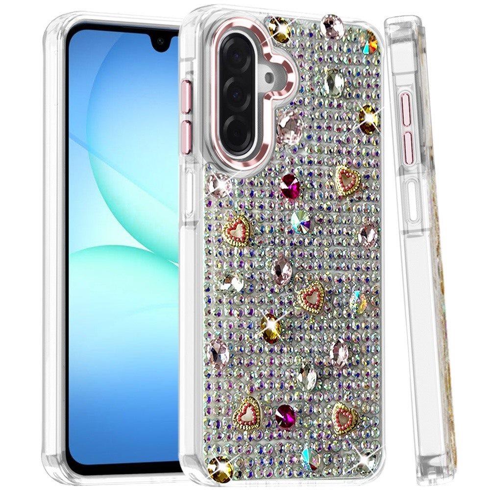 Phone Case for Galaxy A17 5G Chrome Fashion Hybrid Bling Diamond Heart Rhinestone Decorative Stones Sparkling Embellished Design Cover