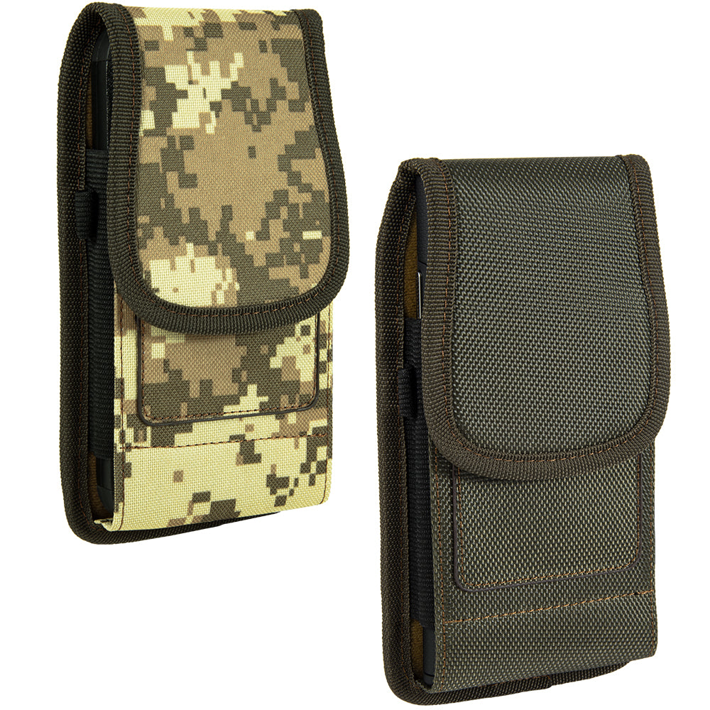 For Apple iPhone 16 Pro (6.3") Universal Nylon Pouch Case Vertical Phone Holster with Dual Card Slots, Pen Holder, Belt Clip Loop & Hook Cover [Green]