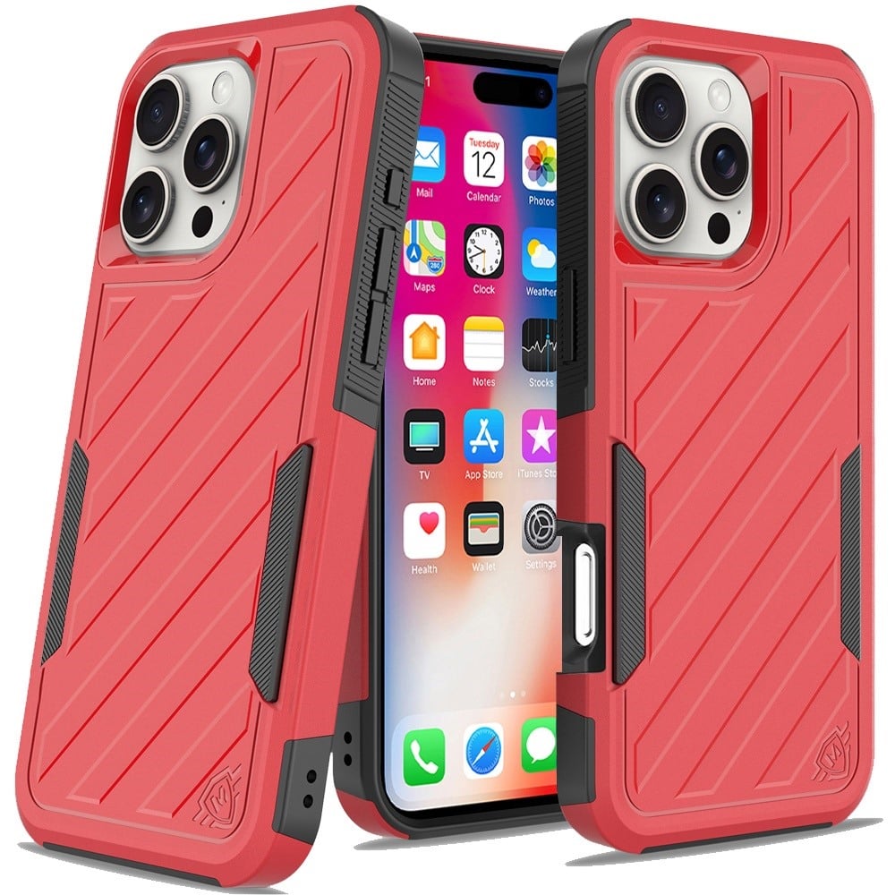 For Apple iPhone 16 Plus Hybrid lined shockproof dual layer Rugged 2in1 Hard PC & Silicone TPU Non Slip Textured Tough Armor Case Cover Red+Black