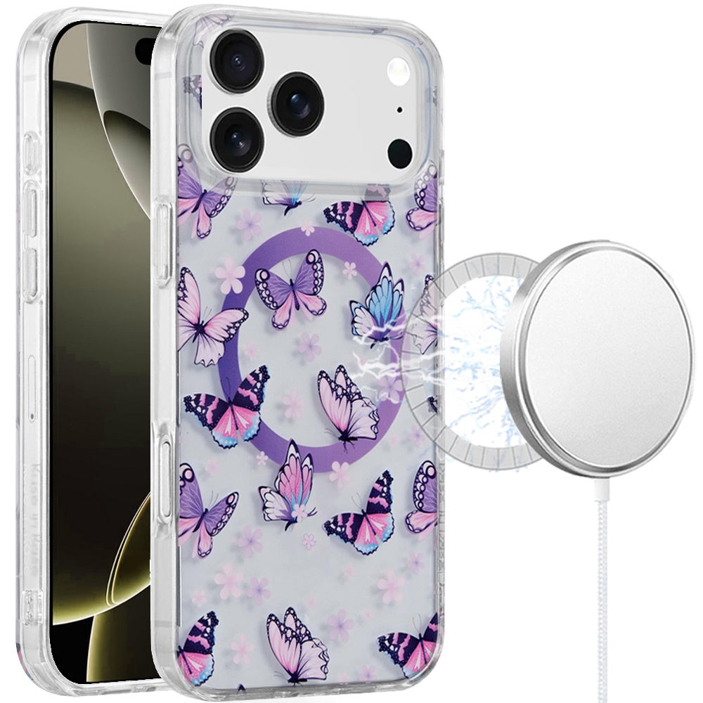 For Apple iPhone 17 Stylish Pattern Fashion IMD Printed Design TPU Double Layer Slim Shockproof with Magnetic Back Case Cover Purple Butterflies