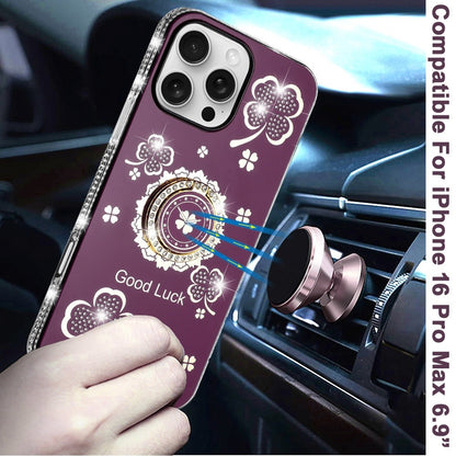 Phone Case for iPhone 16 Pro Max (6.9") Glitter Diamond Ring Stand Sparkle Rhinestone Edge AntiSlip Kickstand Luxury Fashion Bumper Shockproof Cover Red