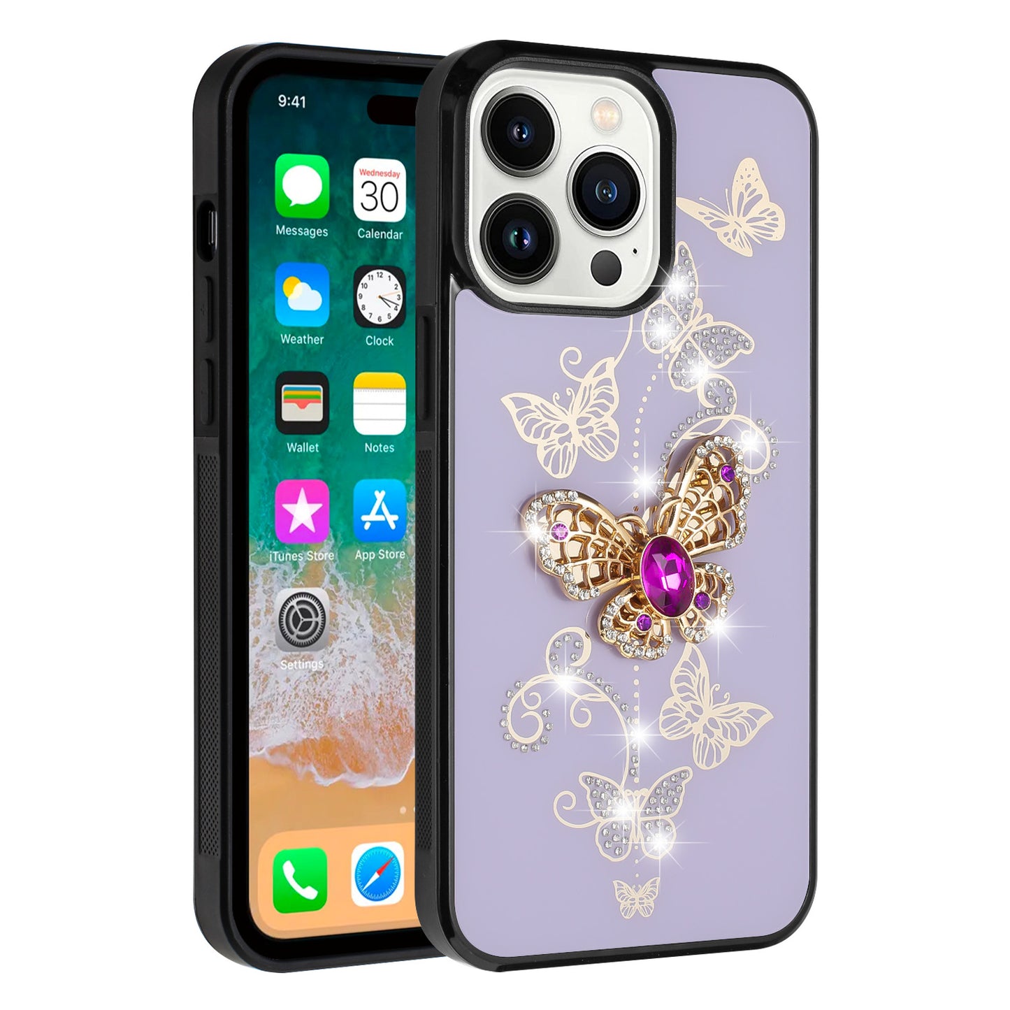 For Apple iPhone 16 Pro (6.3") Diamonds 3D Bling Sparkly Glitter Ornaments Engraving Hybrid Fashion Ring Stand Case Cover