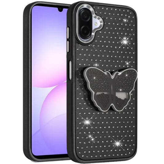 Phone Case Cover for Samsung Galaxy A07 4G Butterfly Moveable Grip 3D Pop Stand Full Diamond Bling Sparkling TPU Fashion Hybrid Cover