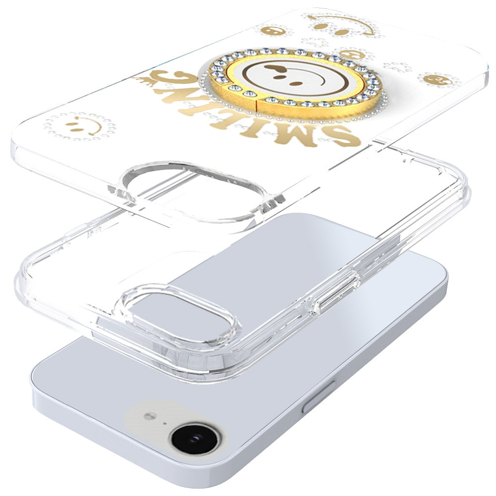 For Apple iPhone 17E /16E Smiling Glitter Bling Ornament Hybrid Shockproof Stylish Sparkle Design Secure Grip Durable Protection Case Cover White