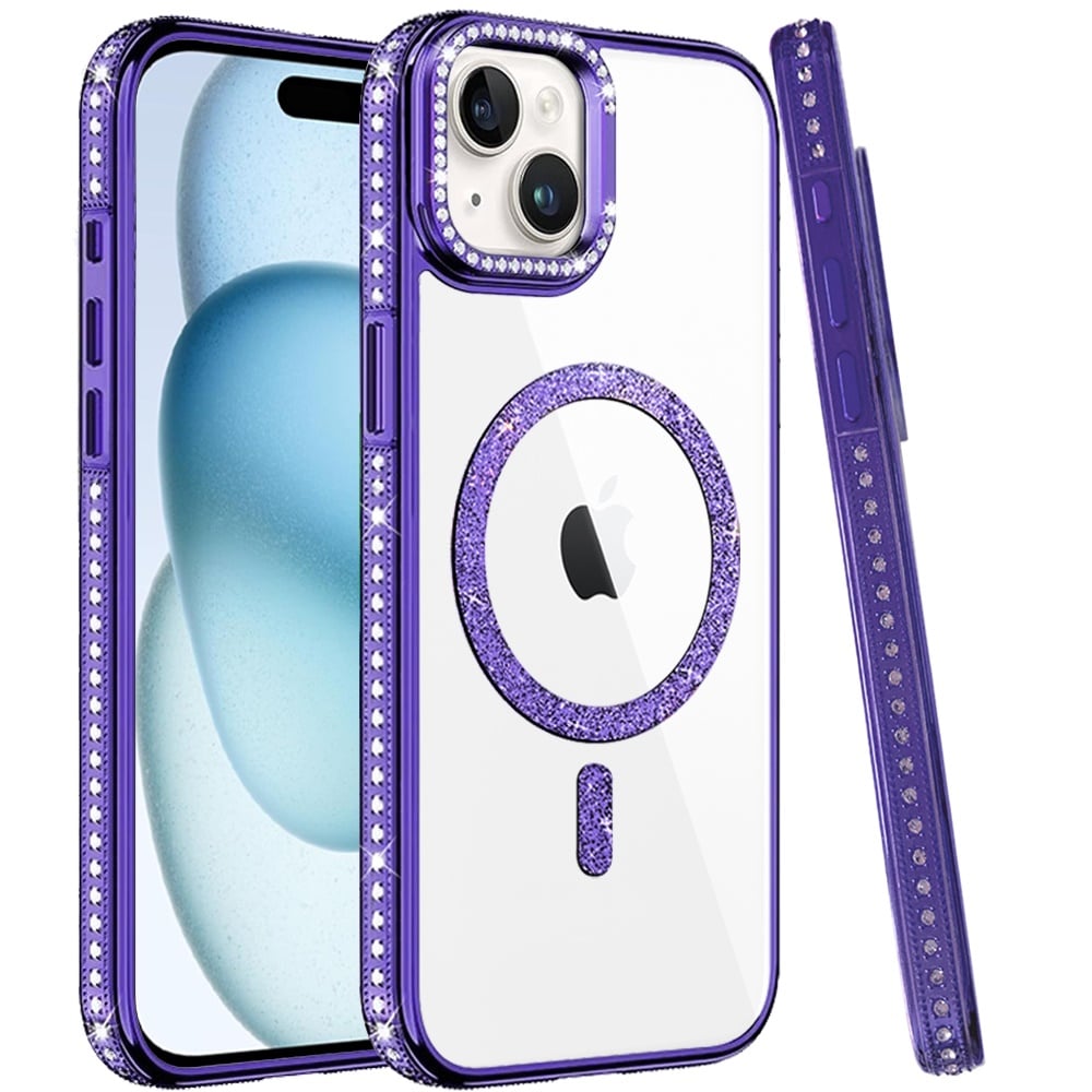Phone Case for Apple iPhone 15 Luxury Diamond Bling Edged Magnetic Glitter Shockproof Hybrid with Camera Kickstand Durable Grip Cover