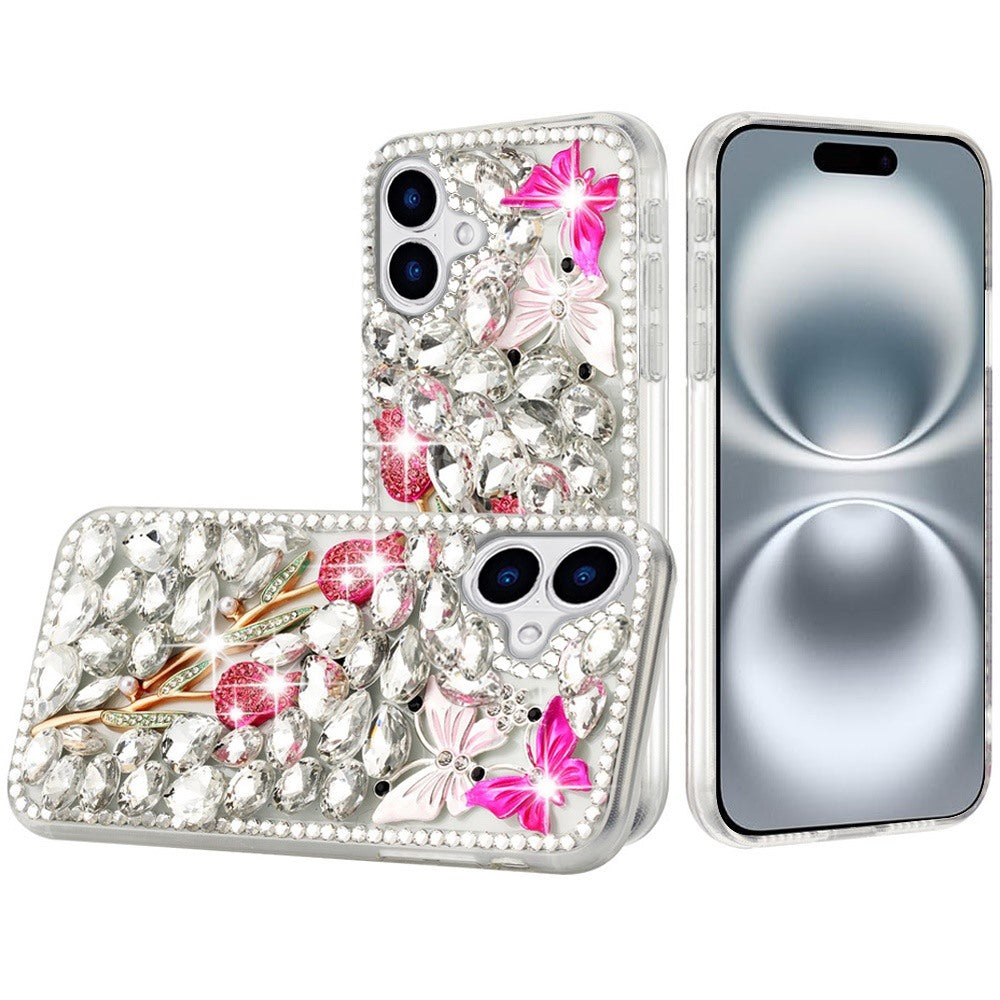 Phone Case for Apple iPhone 16 Plus Luxury Full Diamond Glitter 3D Floral Ornament Hybrid Shockproof Stylish Rhinestone Designer Protective Elegant Cover