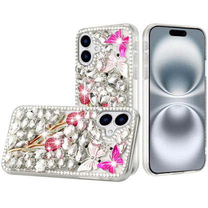 Phone Case for Apple iPhone 16 Plus Luxury Full Diamond Glitter 3D Floral Ornament Hybrid Shockproof Stylish Rhinestone Designer Protective Elegant Cover