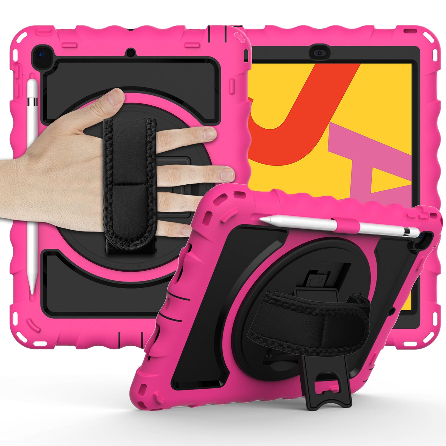 Tablet Case for Apple New iPad (9.7 inch), iPad 6th/5th Gen 2018 2017 360 Rotating Back Hybrid Heavy Duty Kickstand Hand Strap Shoulder Strap Full Body Drop Protection Cover Hotpink