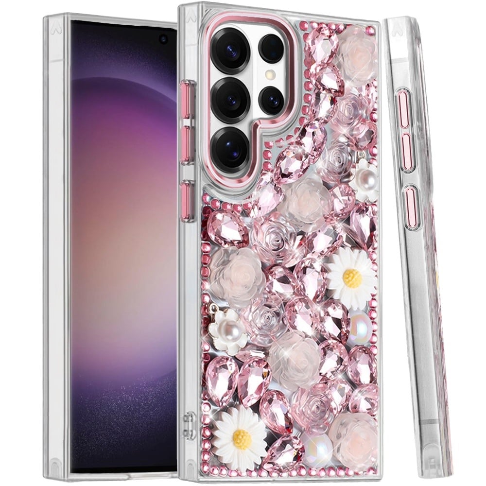 Phone Case for Samsung Galaxy S23 Ultra Full Bling Rhinestone Glitter Floral Luxury Hybrid Shockproof Stylish Sparkling Protective Designer Ornament Cover