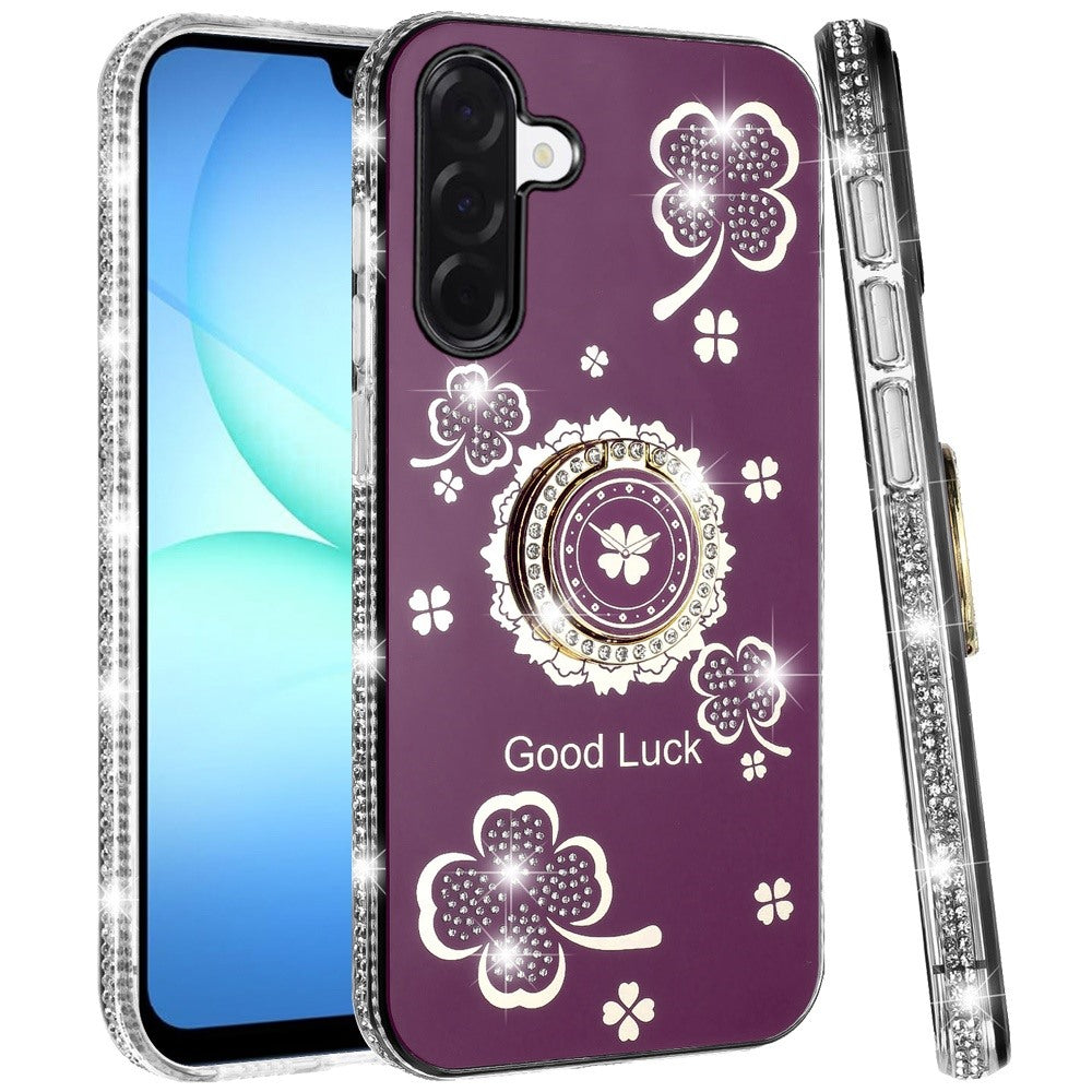 Phone Case for Samsung Galaxy A17 5G Glitter Diamond Ring Stand Sparkle Rhinestone Edge AntiSlip Kickstand Luxury Fashion Bumper Shockproof Cover Purple