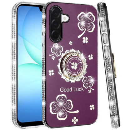 Phone Case for Samsung Galaxy A17 5G Glitter Diamond Ring Stand Sparkle Rhinestone Edge AntiSlip Kickstand Luxury Fashion Bumper Shockproof Cover Purple